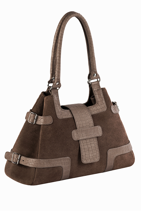 Bronze beige and chocolate brown women's dress handbag, matching pumps and belts. Worn view - Florence KOOIJMAN